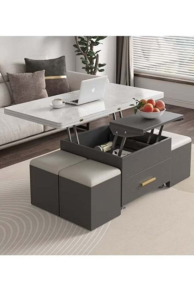 Lift-Top Coffee Table with 4 Stools, Modern Space Saving Center Table, Multi-Functional Adjustable Coffee Table with Hidden Storage Compartment