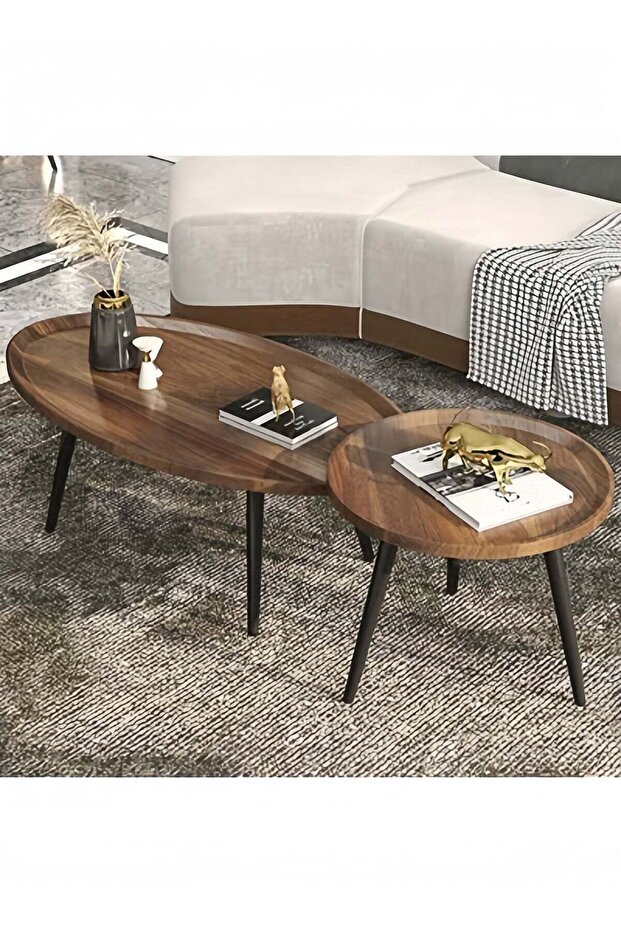 Oval Nesting Coffee Table Set of 2, Round End Tables with Fluted, Creative Wooden Sofa Side TablesModern Center Table for Living Room Bedroom Office Balcony(Walnut)