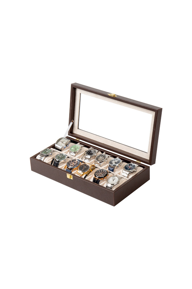 12-Slot Black Leather Watch Box Lockable Watch Storage and Collection Box with Glass Lid