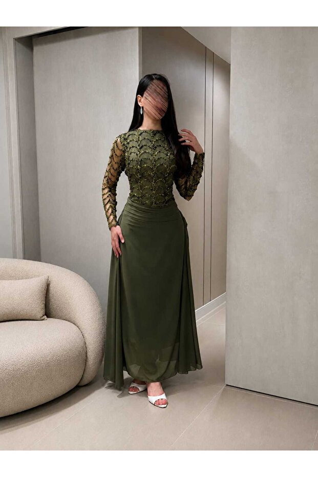 Long Sleeve Beaded Evening Gown
