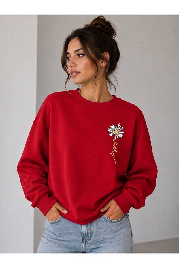 Women's Aesthetic Vertical Floral Printed Crew Neck Sweatshirt