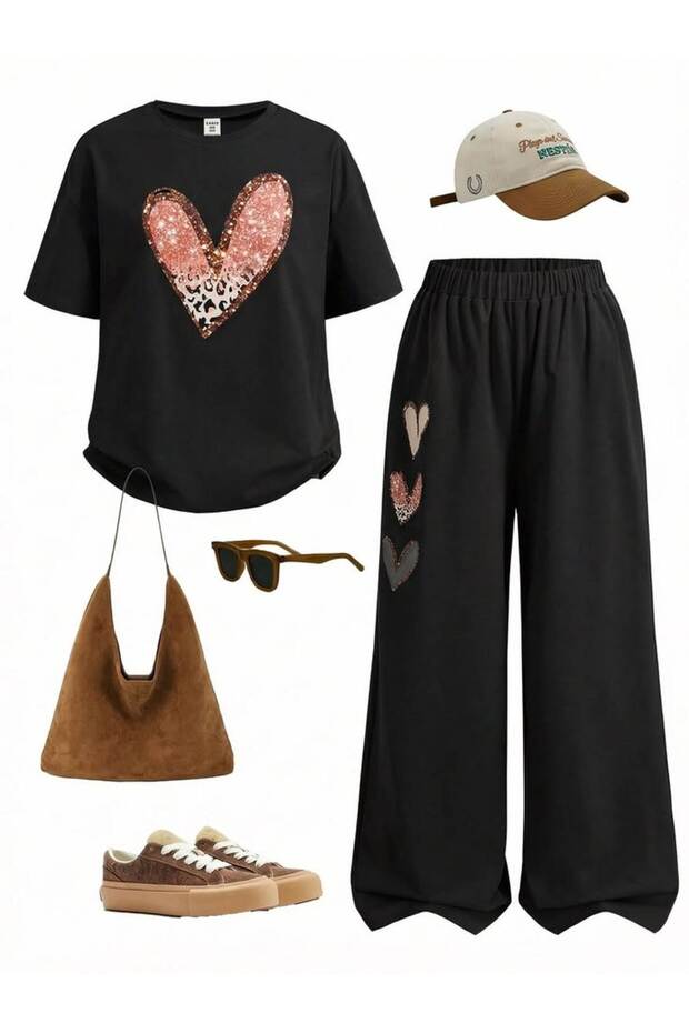 Heart Printed Black Top and Bottom Set