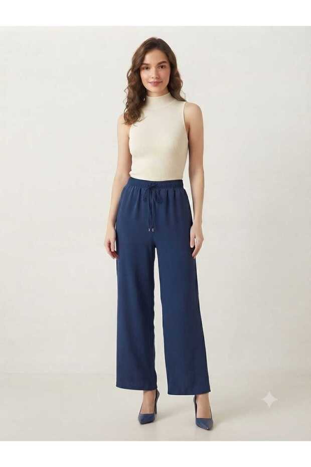 Women's Elastic Waist Drawstring Aerobin Palazzo Wide Leg Pants