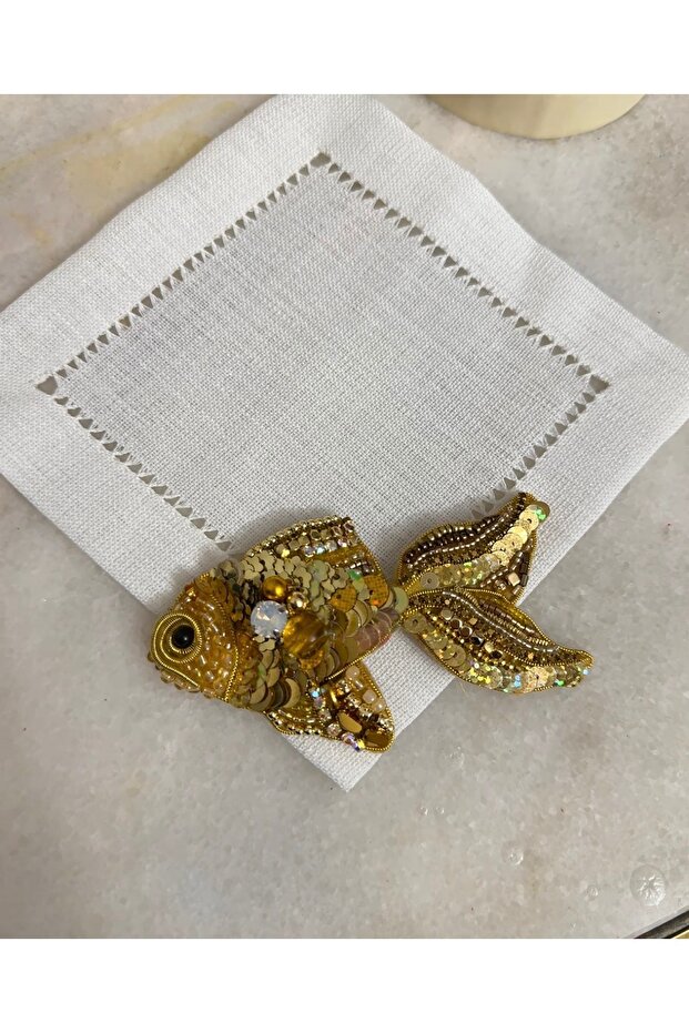 İlaydanın Balık Gold Bead Embroidered Coffee Side Presentation Napkin 1 Piece