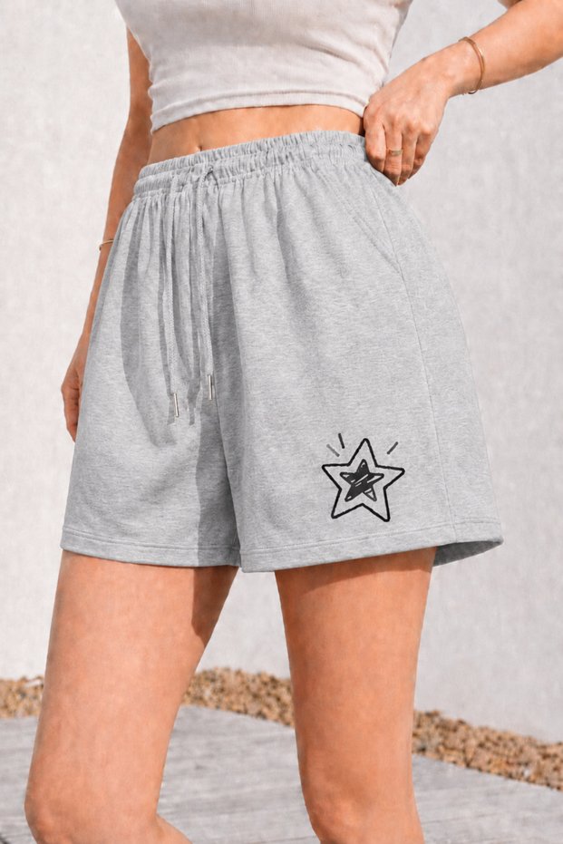 Women's Black Cute Star Printed Shorts with Pockets, Lace-Up Elastic High Waist Summer Casual Shorts
