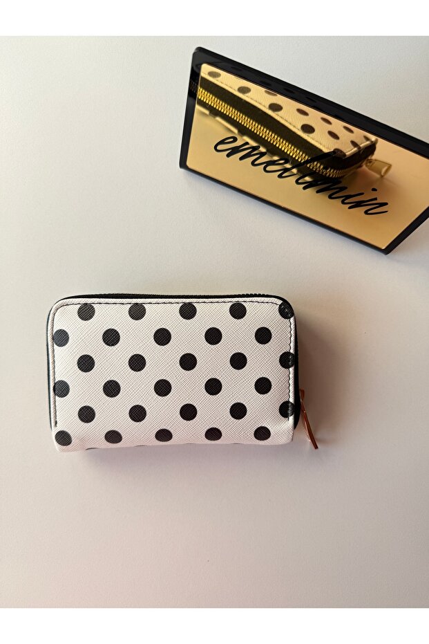 Women's Zippered Coin Compartment White-Black Polka Dot Mini Wallet