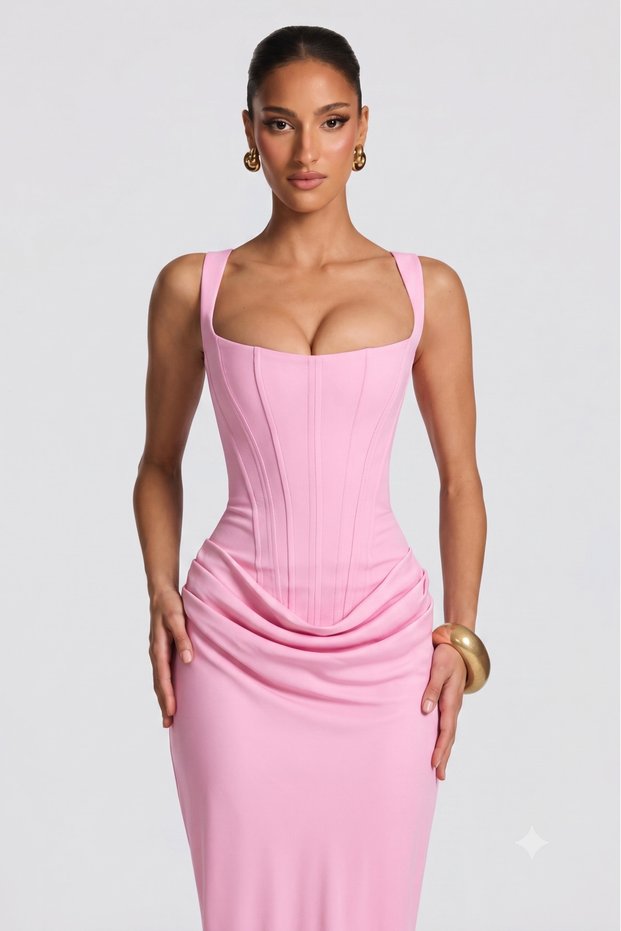 Long Dress with Draped Skirt and Corseted Top