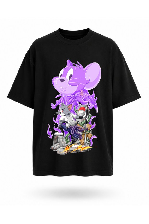 Purple Aura Cat and Mouse Warrior Printed White Unisex T-Shirt