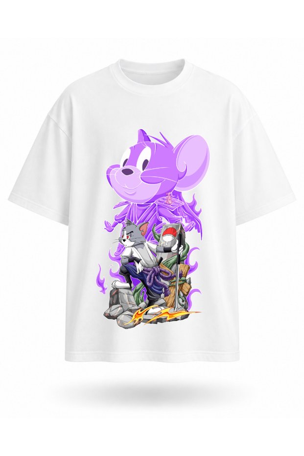 Purple Aura Cat and Mouse Warrior Printed White Unisex T-Shirt