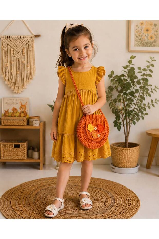 Hand Knitted Butterfly Detailed Cotton Macrame Children's Shoulder Bag