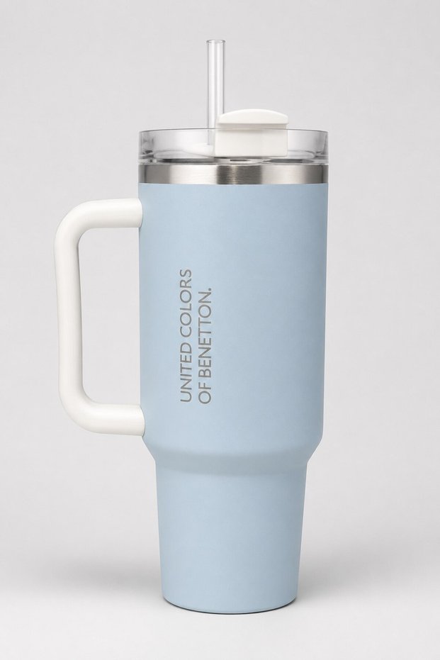 Be-Kct100-Mb Steel Thermos with Straw 900 Ml. Light Blue Floor White Handle