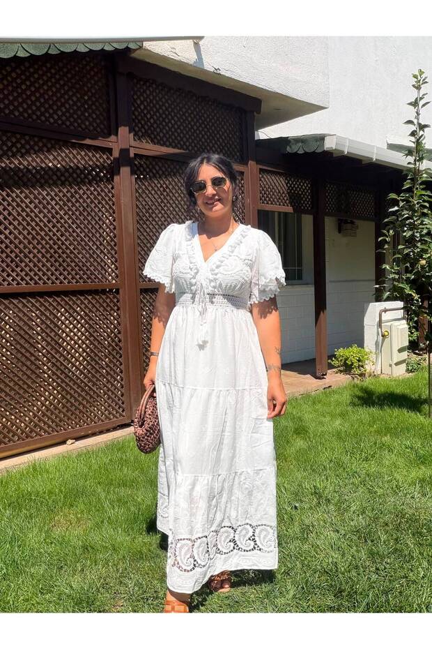 White Imported Dress with Tassels and Scalloped Edges
