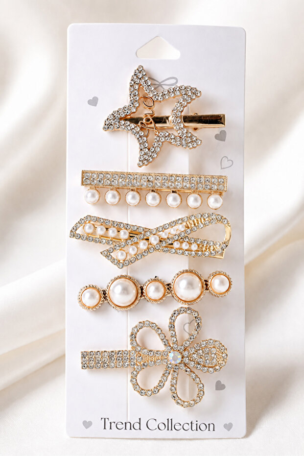 Women's Gold 5-Piece Latch Buckle Set with Pearl and Stone Details
