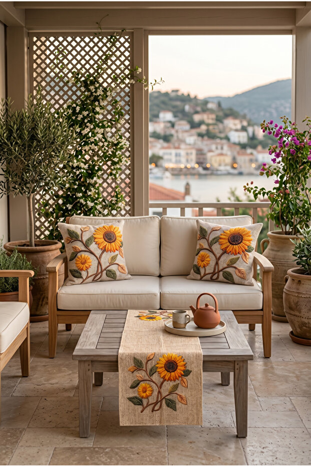 Sunflower Patterned Runner and 2-Piece Throw Pillow Cover Set | Double-Sided Digital Printing | Raschel Fabric | Balcony and Living Room Decoration