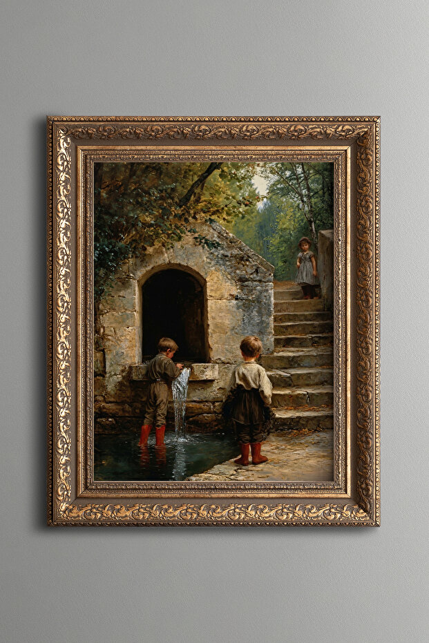 Children at the Fountain - Vintage Patterned Painting - Thick Model