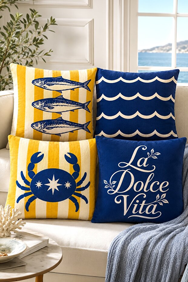 Sea Crab and Fish Patterned 4-Piece Throw Pillow Cover Set