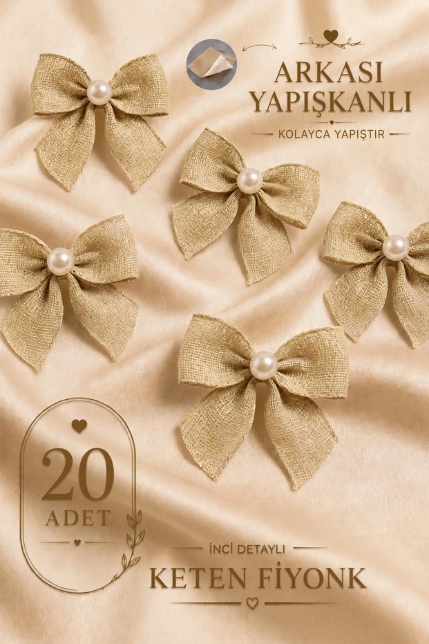 Adhesive Pearlized Linen Bow 20 Pieces Cappucino -Gift Package-Wedding Favors-Invitation-Dowry-Decoration