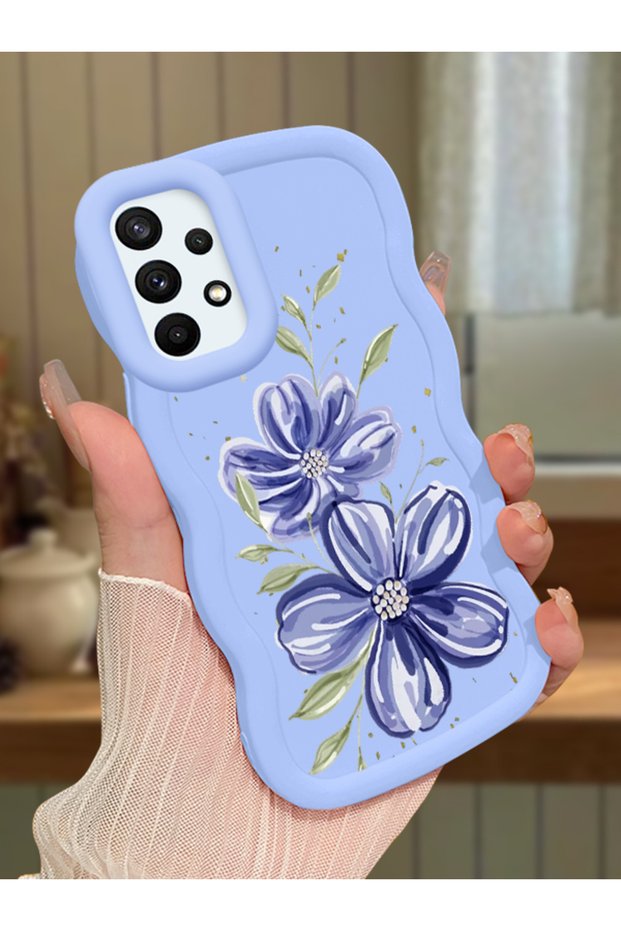 Samsung Galaxy A73 Compatible Case Camera Protector Blue Silicone Couple Phone Case Floral Pattern