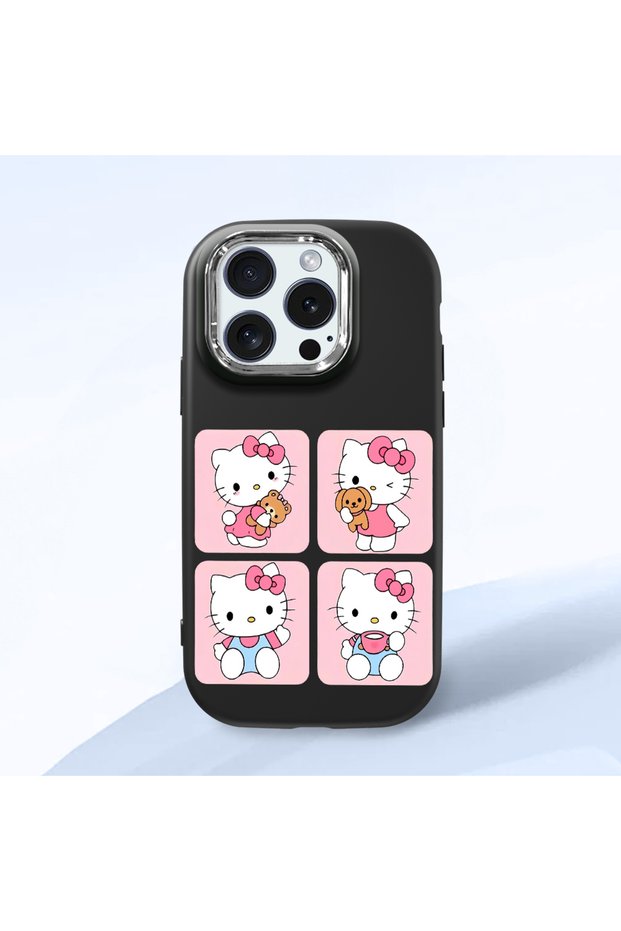 iPhone 15 Pro Compatible Case with Camera Protector Black Silicone Couple Phone Case with Kitty Pattern