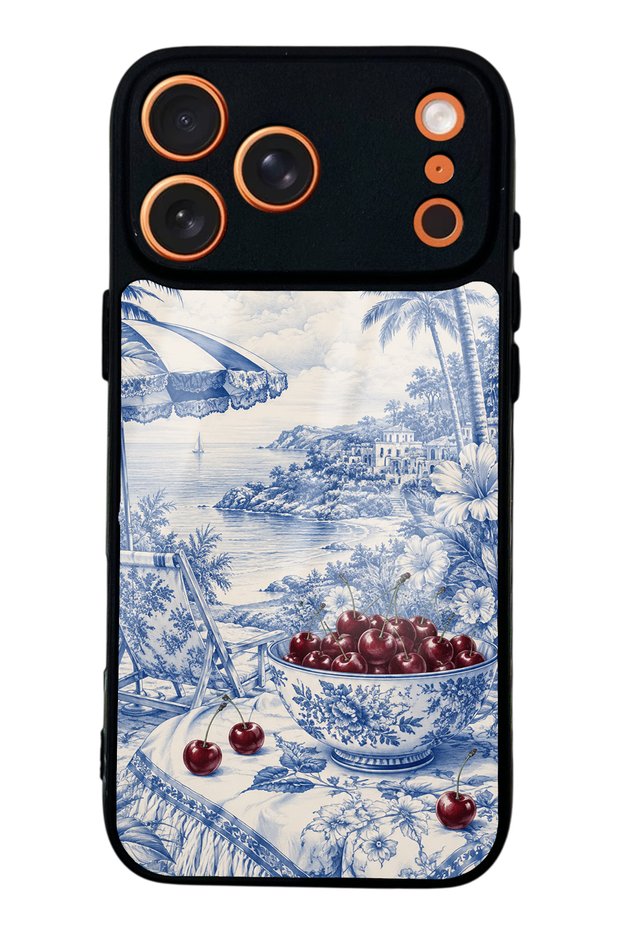 iPhone 17 Pro Blue Porcelain Cherry Coast Design Glossy Phone Case