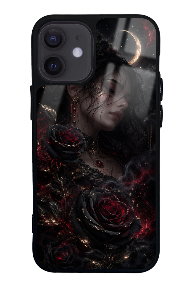 iPhone 12 Mini Glossy Phone Case with Crimson Moon Rose Design