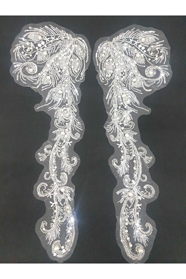 White Pearl Detailed Embroidery Guipure Applique Decorative Strip 2 Pieces