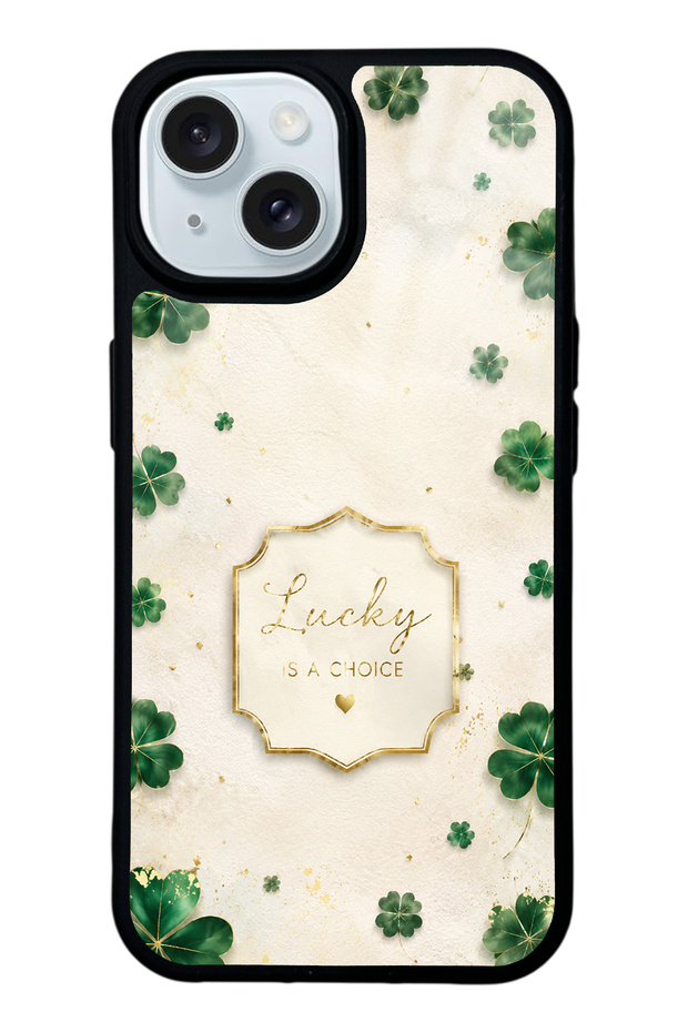 iPhone 15 Ivory Lucky Clover Design Glossy Phone Case