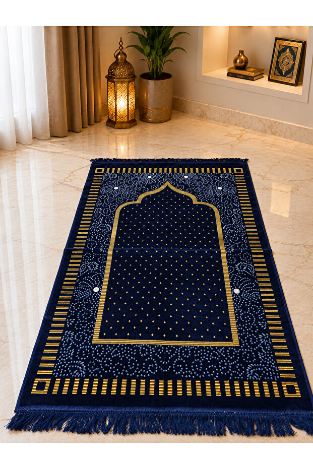 Black Gold Stone Embroidered Velvet Prayer Rug – Luxurious Patterned Prayer Mat