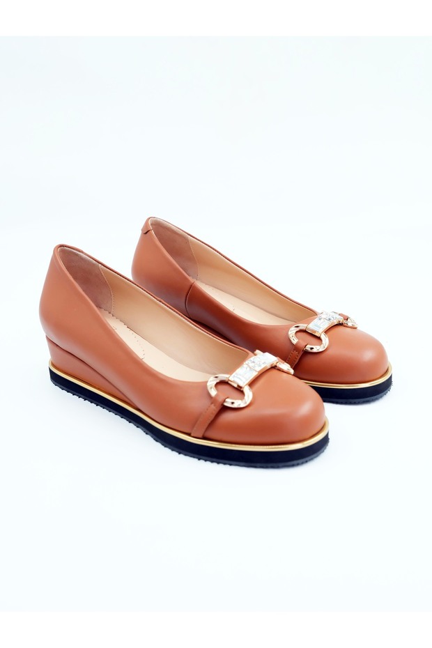 Women's Genuine Leather Wedge Heeled Shoes Tan