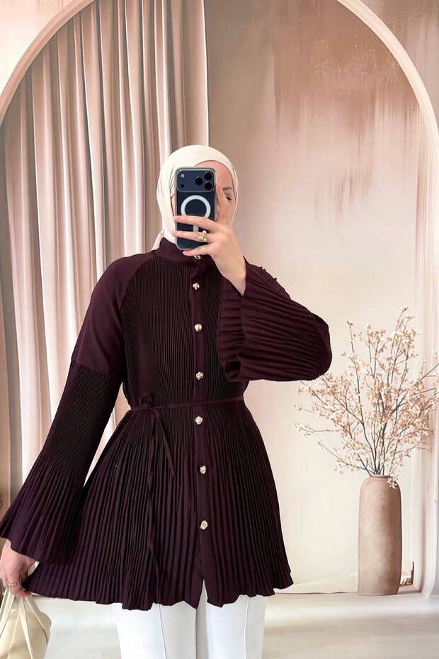 Women's Modern Cut Pleated Lace-Up Gold Buttoned Long Sleeve Hijab Tunic Shirt