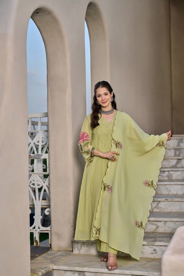 Mul Cotton Embroidered Anarkali Kurta Set for Women | Kurta Pant Dupatta Set | Floral Embroidered Ethnic Indian Wear | Festive & Party Wear | 3 Piece Suit