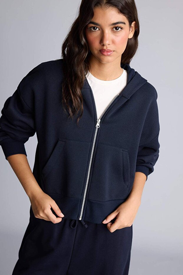 Regular Fit Hooded Thick Zippered Navy Blue Basic Sweatshirt I2412Ax26Au