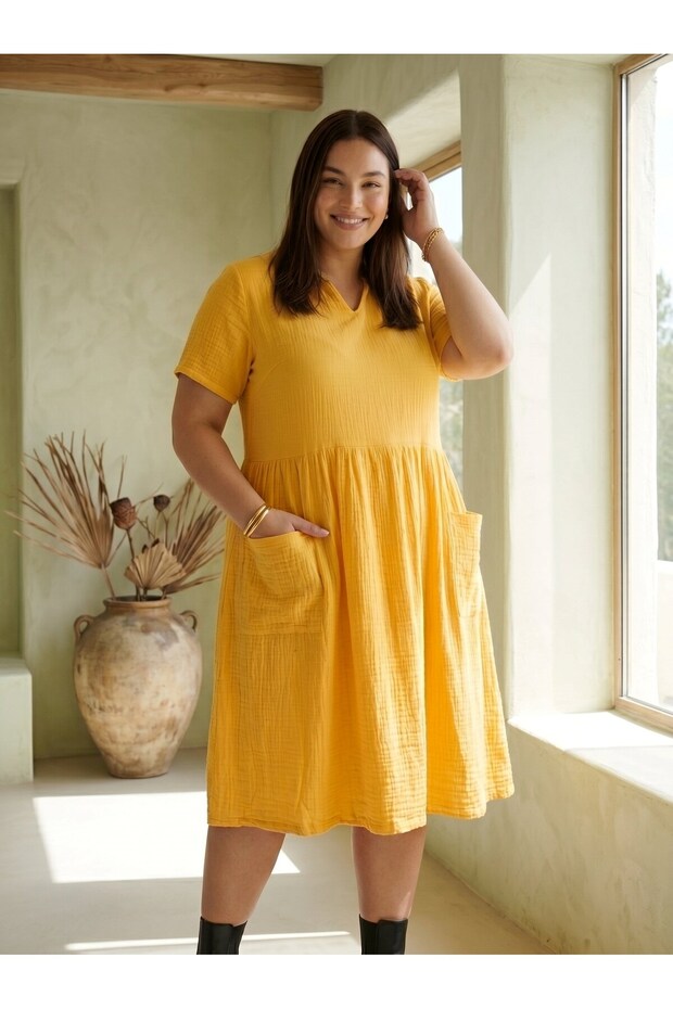 Udenya Plus Size Dress with Pockets | 100% Cotton Double Layer Muslin Fabric