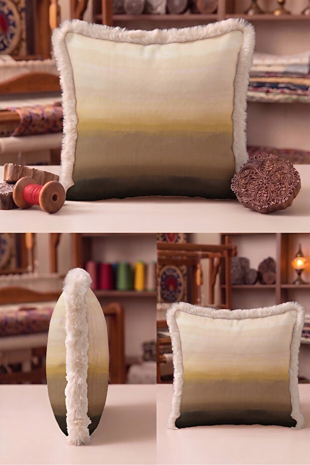 Abstract Gradient Landscape Fringed Pillowcase - Horizon Themed Coffee Mink Tassel Throw Pillow Cover