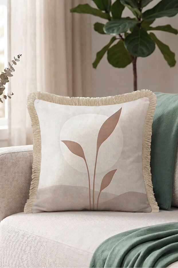 Botanical Leaf Design Fringed Pillowcase-Abstract Natural Beige Mink Cream Tufted Throw Pillow Cover