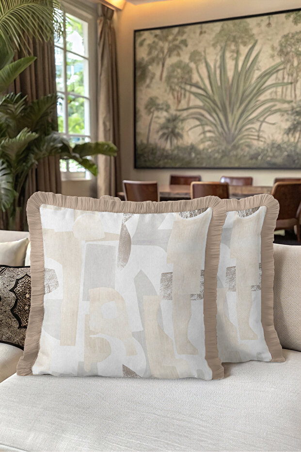 Abstract Geometric Fringed Pillowcase - Minimal Nordic Beige Gray Mink Tassel Throw Pillow Cover