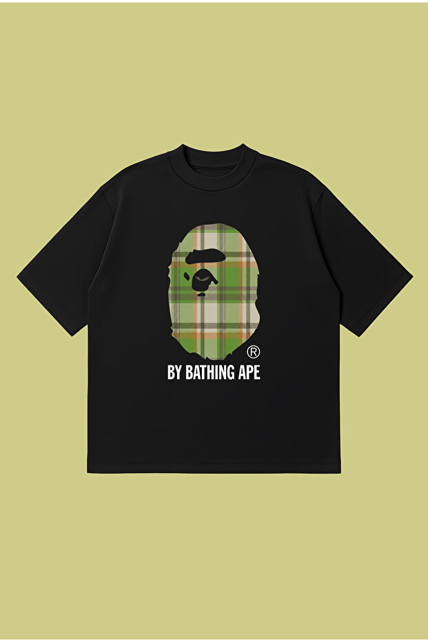 Green Plaid Bape Printed Oversize Boxy Cut Unisex 100% Cotton Tshirt | Streetwear
