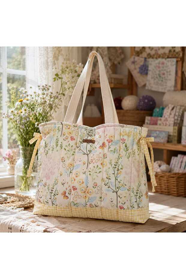 Yellow Baby Bag, Lunchbag, Floral Patterned Women's Bag 100% Cotton
