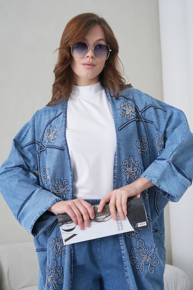 Women's Bat Sleeve Denim Kimono Cardigan and Denim Pants Top and Bottom Set