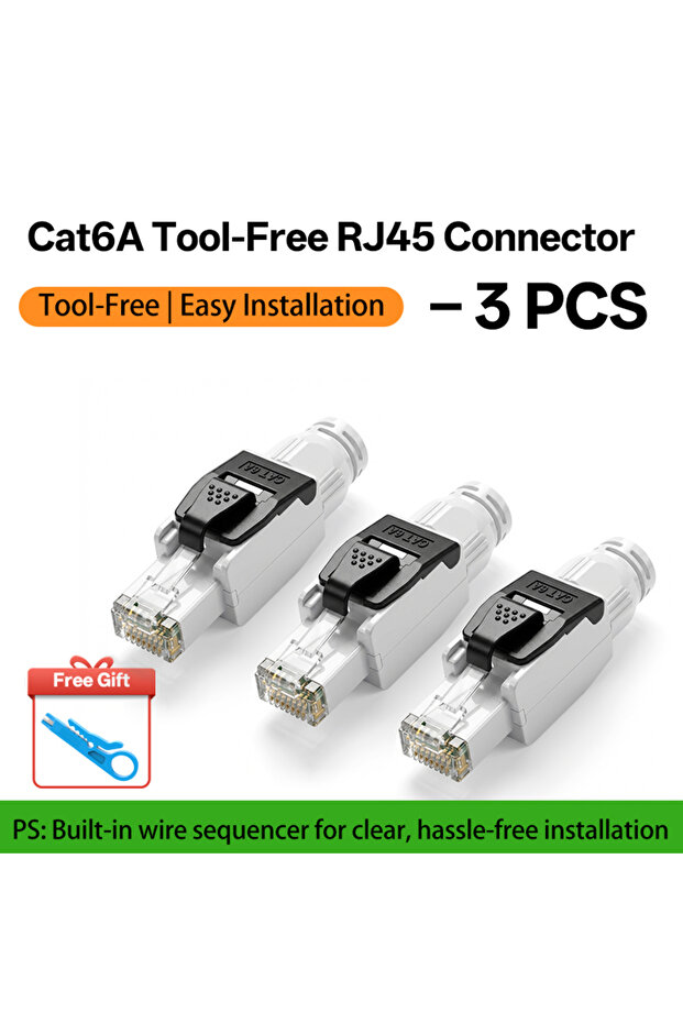 موصل إيثرنت Cat6A بدون أدوات من BYXGD، قابل لإعادة الاستخدام، 3 قطع مع هدية، موصل RJ45 بدون تجعيد للشبكات