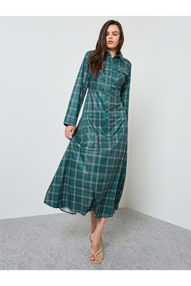 Dark Green Checked Long Sleeve Shirt Maxi Dress