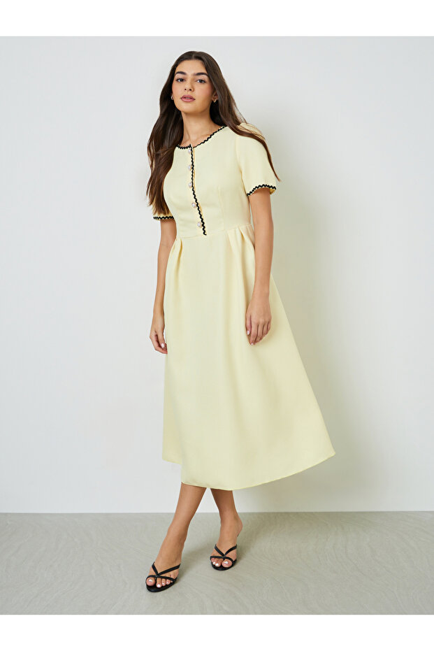 Yellow Ric-Rac Trim A-Line Midi Dress