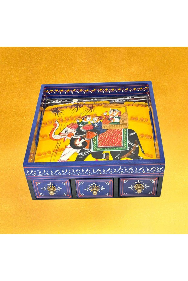 Hand-Painted Wooden Jewelry Box – 3-Drawer Mango Wood Storage from Rajasthan(W:10x10H:4'')
