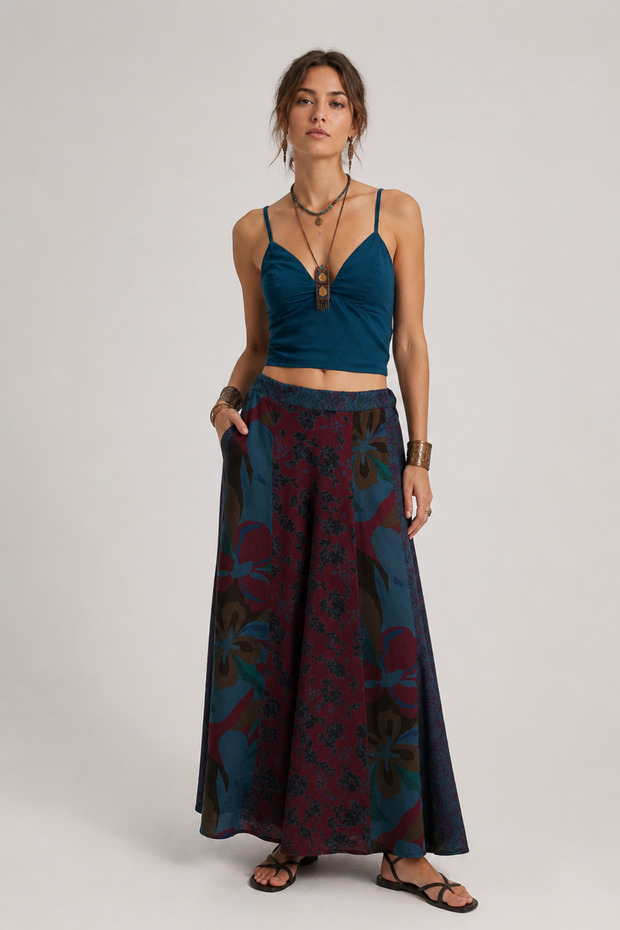 Patchwork Wide Leg Trousers Navy Blue