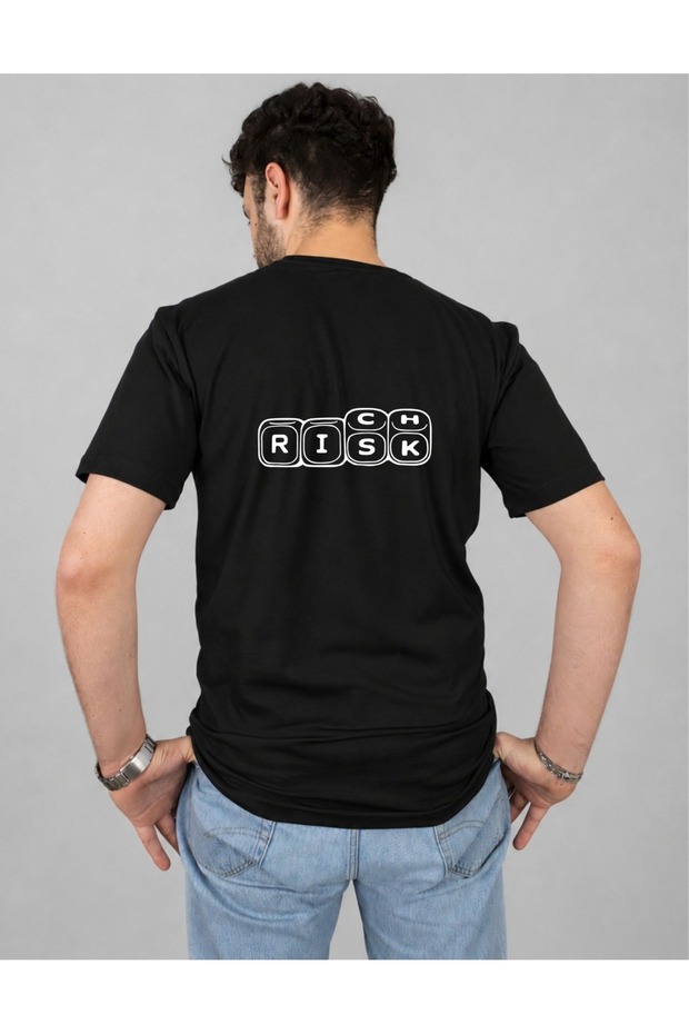 Unisex Black White Risk Rich Dice Reversible Printed Regular Fit Crew Neck T-Shirt T-Shirt Street Style