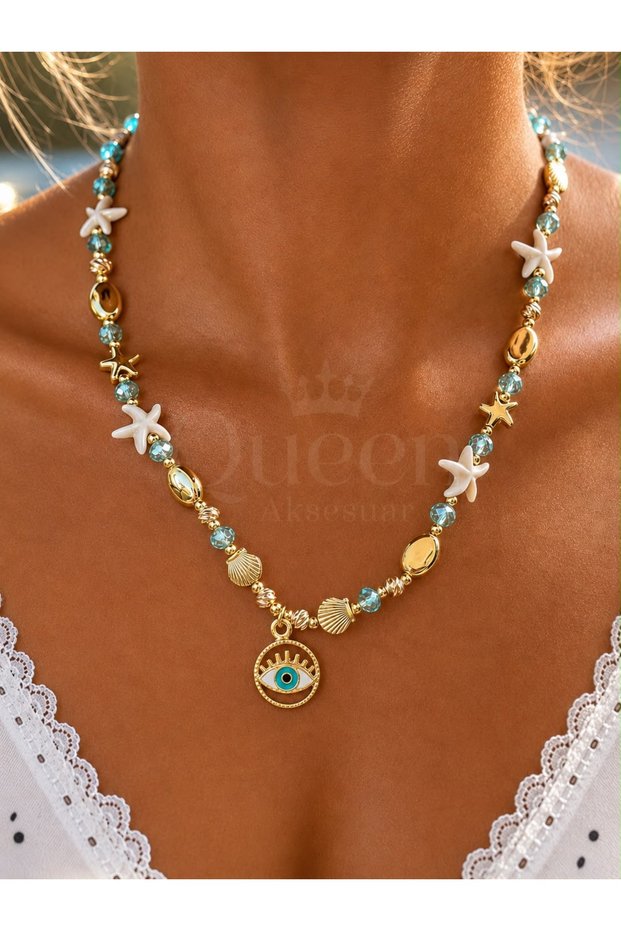 Luxury Special Design Sea Shell Eye Evil Eye Beaded Starry Stone Steel Gold Gold Necklace