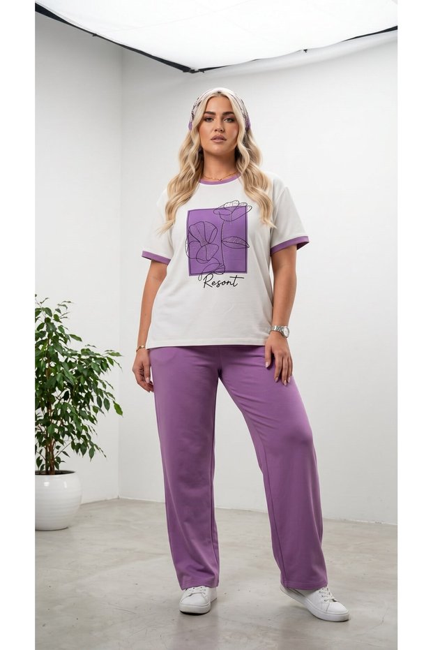 Women's Plus Size Short Sleeve Crew Neck Sweatshirt Set with Stone Detail 8282-26