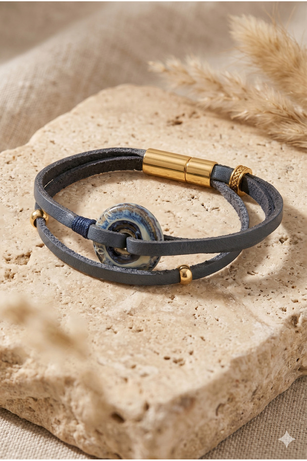 Handmade Navy Blue Leather and Ceramic Detailed Special Design Bracelet