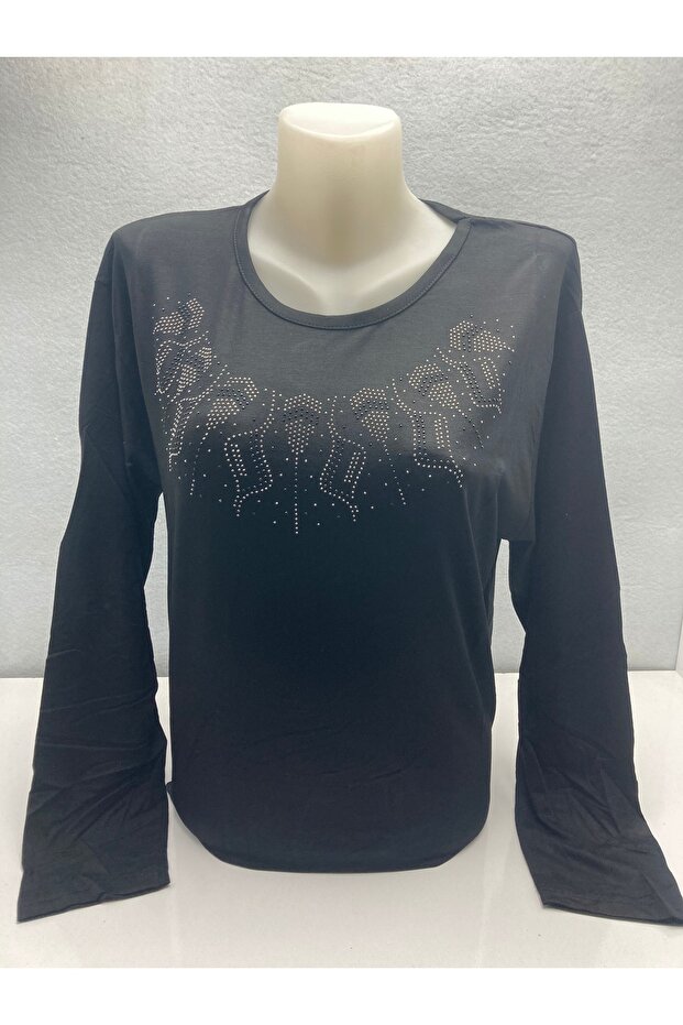 Women's Crew Neck Stone Detailed Long Sleeve Comfortable Fit Combed Cotton Blouse