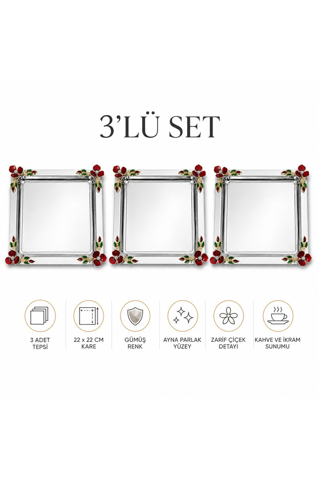 Luxury Floral Motif Silver Square Presentation Tray 22X22 cm Promise Engagement Coffee Turkish Delight Treat Tray